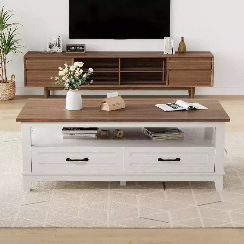 Tavolino da salotto con cassetti, Tavolino rustico da 120 cm con ripiano aperto e 6 gambe di supporto, Grande tavolo da soggiorno con contenitore