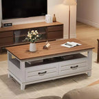 Tavolino da salotto con cassetti, Tavolino rustico da 120 cm con ripiano aperto e 6 gambe di supporto, Grande tavolo da soggiorno con contenitore