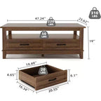 Tavolino da salotto con cassetti, Tavolino rustico da 120 cm con ripiano aperto e 6 gambe di supporto, Grande tavolo da soggiorno con contenitore
