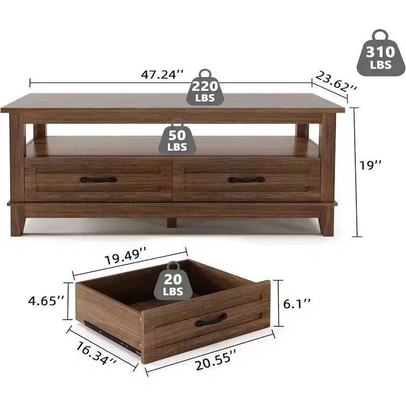 Tavolino da salotto con cassetti, Tavolino rustico da 120 cm con ripiano aperto e 6 gambe di supporto, Grande tavolo da soggiorno con contenitore