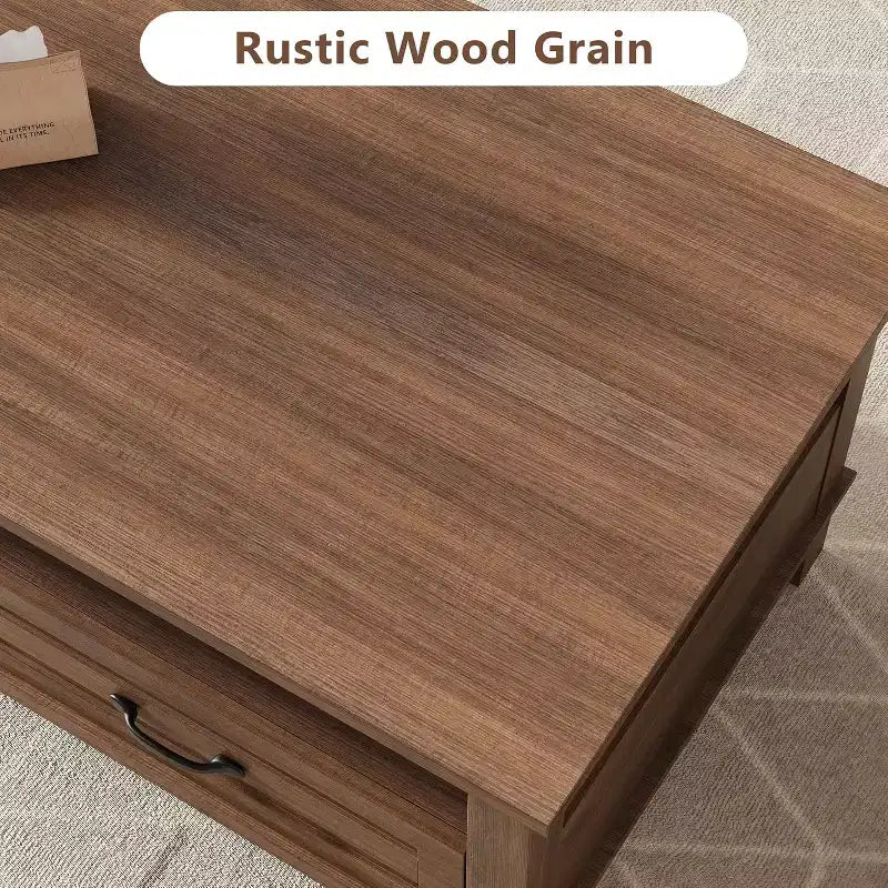 Tavolino da salotto con cassetti, Tavolino rustico da 120 cm con ripiano aperto e 6 gambe di supporto, Grande tavolo da soggiorno con contenitore