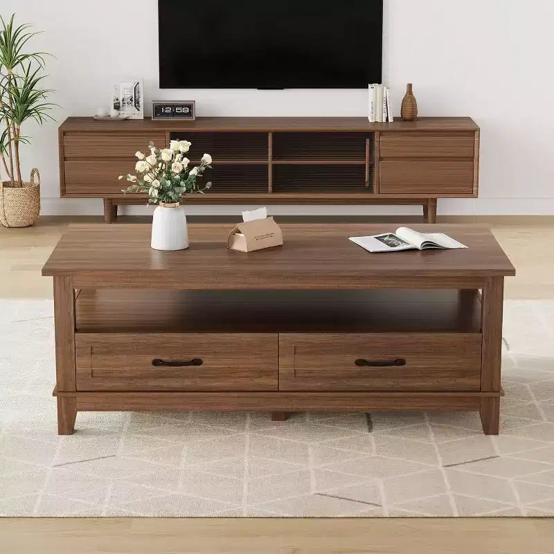 Tavolino da salotto con cassetti, Tavolino rustico da 120 cm con ripiano aperto e 6 gambe di supporto, Grande tavolo da soggiorno con contenitore