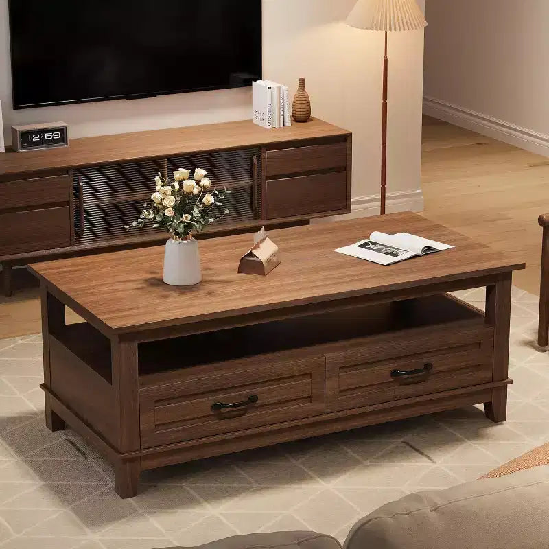 Tavolino da salotto con cassetti, Tavolino rustico da 120 cm con ripiano aperto e 6 gambe di supporto, Grande tavolo da soggiorno con contenitore