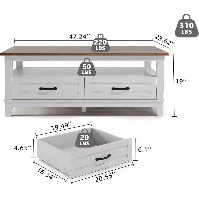 Tavolino da salotto con cassetti, Tavolino rustico da 120 cm con ripiano aperto e 6 gambe di supporto, Grande tavolo da soggiorno con contenitore