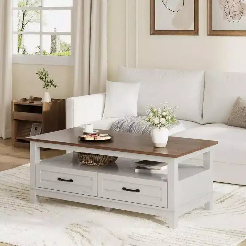 Tavolino da salotto con cassetti, Tavolino rustico da 120 cm con ripiano aperto e 6 gambe di supporto, Grande tavolo da soggiorno con contenitore