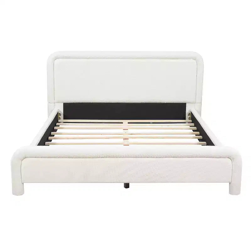 Letto a piattaforma imbottito Queen/King Size con testiera curva, solida struttura, non è richiesta la rete, bianco