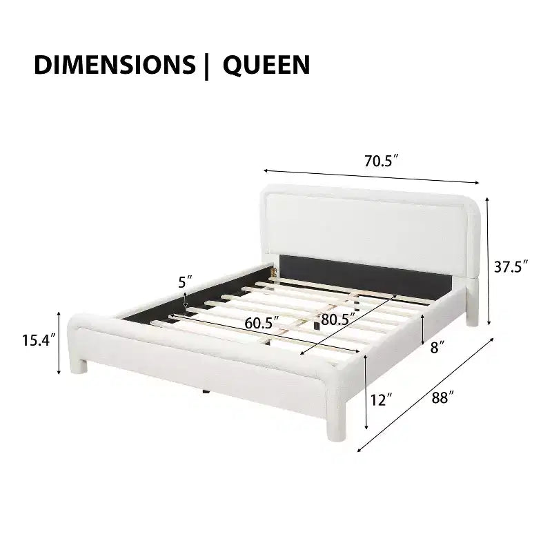 Letto a piattaforma imbottito Queen/King Size con testiera curva, solida struttura, non è richiesta la rete, bianco