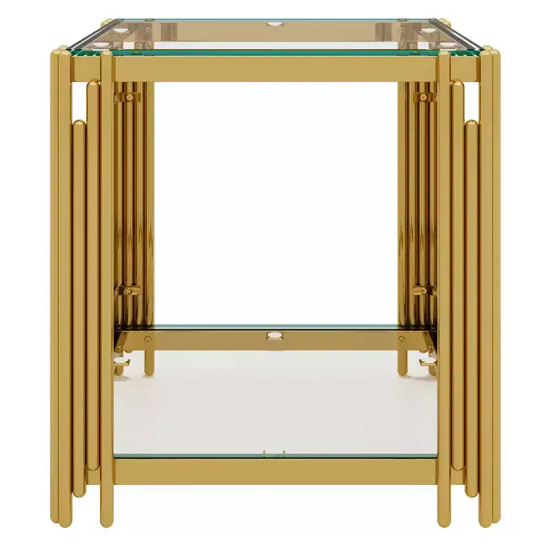 Tavolino da caffè e tavolini laterali moderni a 3 pezzi con piano in vetro temperato e base in metallo asimmetrica
