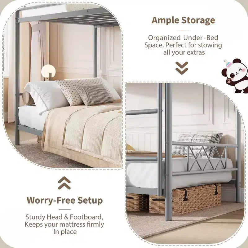 Letto a castello singolo su singolo con sponda extra alta, struttura in metallo robusto e doghe resistenti, nessun bisogno di rete a molle