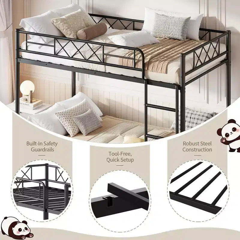 Letto a castello singolo su singolo con sponda extra alta, struttura in metallo robusto e doghe resistenti, nessun bisogno di rete a molle