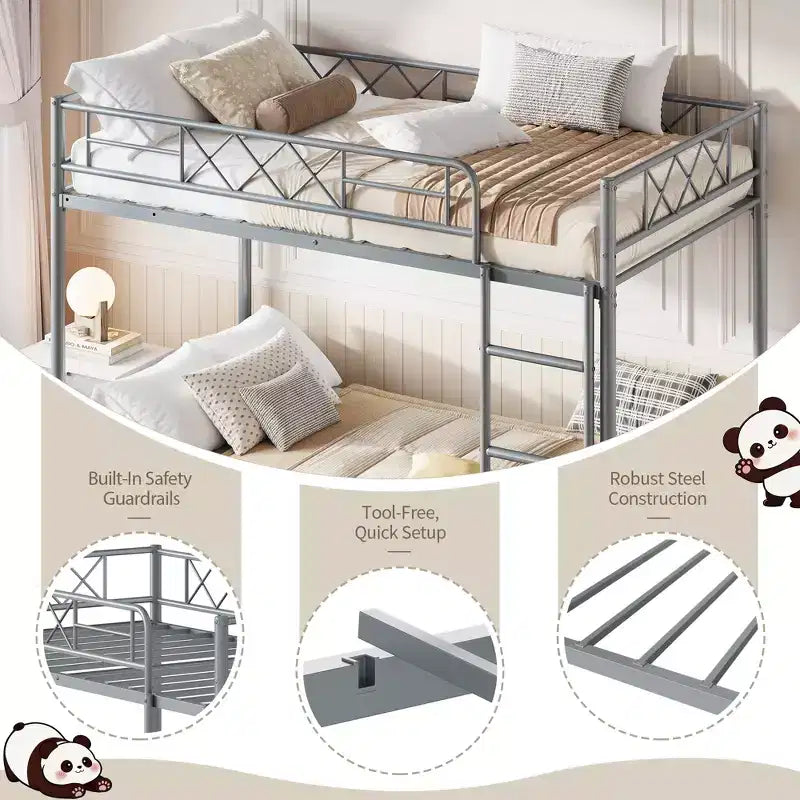 Letto a castello singolo su singolo con sponda extra alta, struttura in metallo robusto e doghe resistenti, nessun bisogno di rete a molle