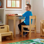 Scrivania e sedia per bambini con coperchio a sollevamento, color miele, mobiletto contenitore chiuso