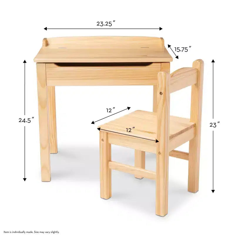 Scrivania e sedia per bambini con coperchio a sollevamento, color miele, mobiletto contenitore chiuso