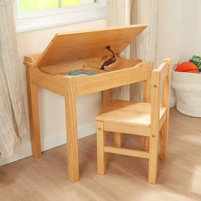 Scrivania e sedia per bambini con coperchio a sollevamento, color miele, mobiletto contenitore chiuso