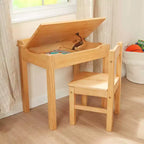 Scrivania e sedia per bambini con coperchio a sollevamento, color miele, mobiletto contenitore chiuso