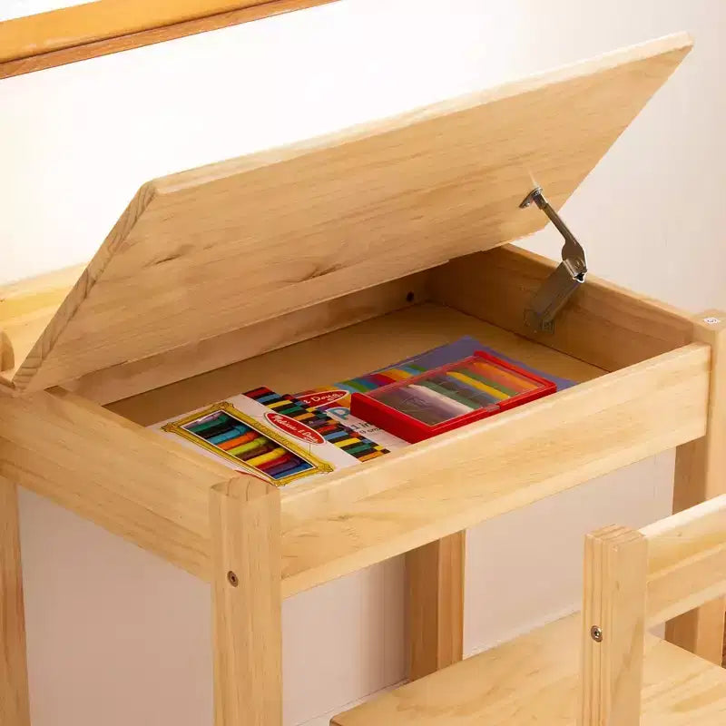 Scrivania e sedia per bambini con coperchio a sollevamento, color miele, mobiletto contenitore chiuso