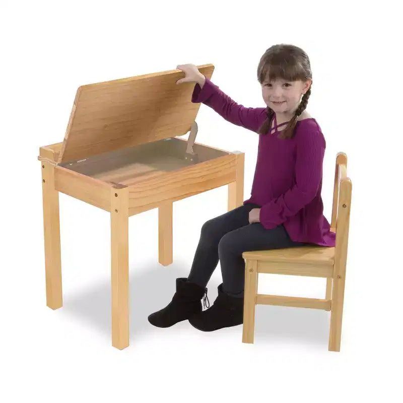 Scrivania e sedia per bambini con coperchio a sollevamento, color miele, mobiletto contenitore chiuso