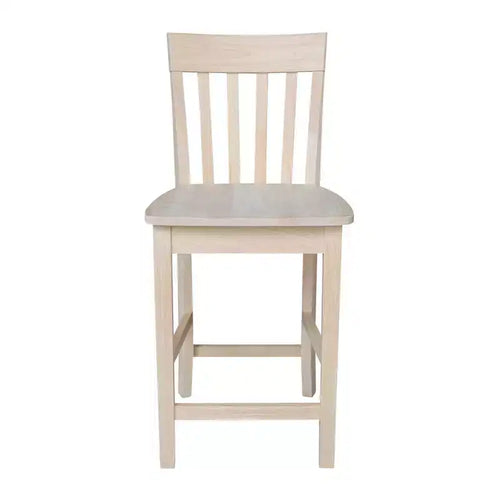 Sgabello da bancone con schienale a doghe 24", legno massiccio non rifinito, seduta quadrata