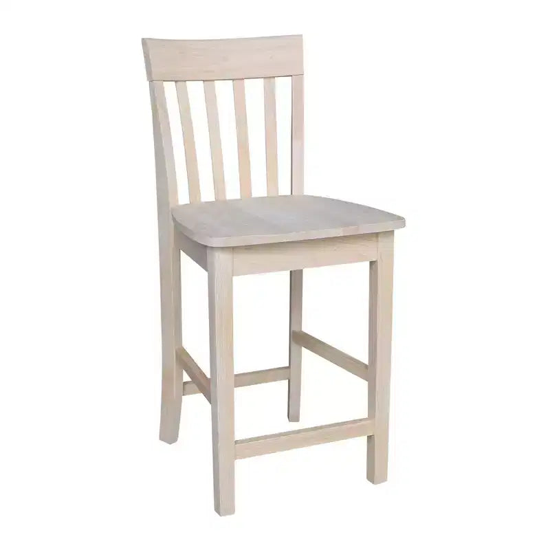 Sgabello da bancone con schienale a doghe 24", legno massiccio non rifinito, seduta quadrata