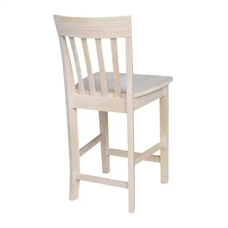 Sgabello da bancone con schienale a doghe 24", legno massiccio non rifinito, seduta quadrata