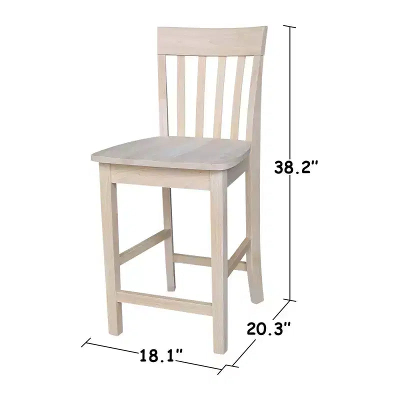 Sgabello da bancone con schienale a doghe 24", legno massiccio non rifinito, seduta quadrata