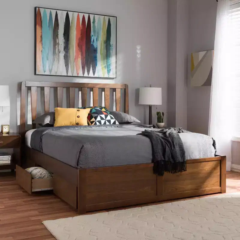 Letto a piattaforma moderno e contemporaneo Queen in noce con contenitore, marrone, legno massello, contenitore sotto il letto, nessun bisogno di rete a molle