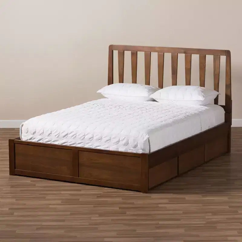 Letto a piattaforma moderno e contemporaneo Queen in noce con contenitore, marrone, legno massello, contenitore sotto il letto, nessun bisogno di rete a molle