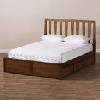 Letto a piattaforma moderno e contemporaneo Queen in noce con contenitore, marrone, legno massello, contenitore sotto il letto, nessun bisogno di rete a molle