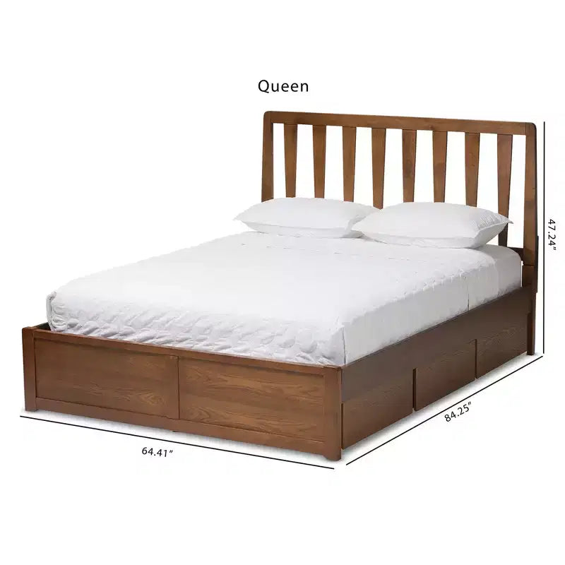 Letto a piattaforma moderno e contemporaneo Queen in noce con contenitore, marrone, legno massello, contenitore sotto il letto, nessun bisogno di rete a molle
