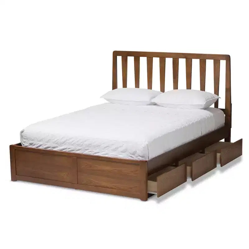 Letto a piattaforma moderno e contemporaneo Queen in noce con contenitore, marrone, legno massello, contenitore sotto il letto, nessun bisogno di rete a molle