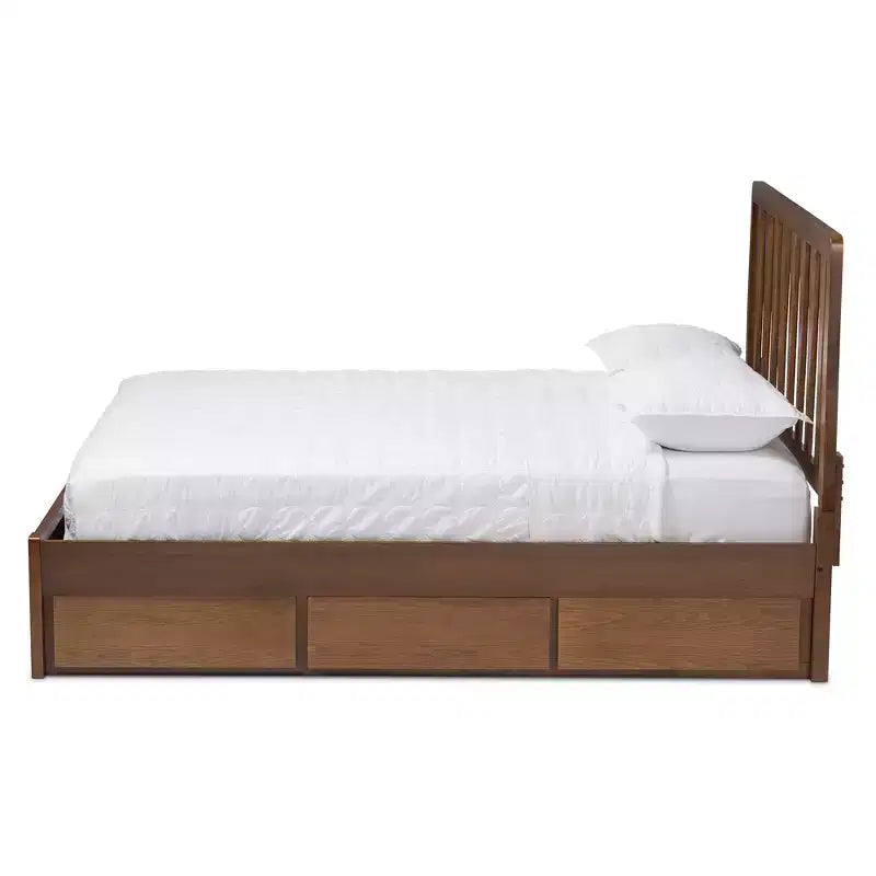 Letto a piattaforma moderno e contemporaneo Queen in noce con contenitore, marrone, legno massello, contenitore sotto il letto, nessun bisogno di rete a molle