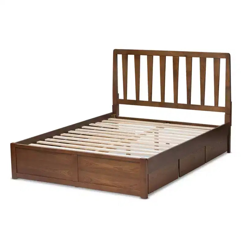 Letto a piattaforma moderno e contemporaneo Queen in noce con contenitore, marrone, legno massello, contenitore sotto il letto, nessun bisogno di rete a molle