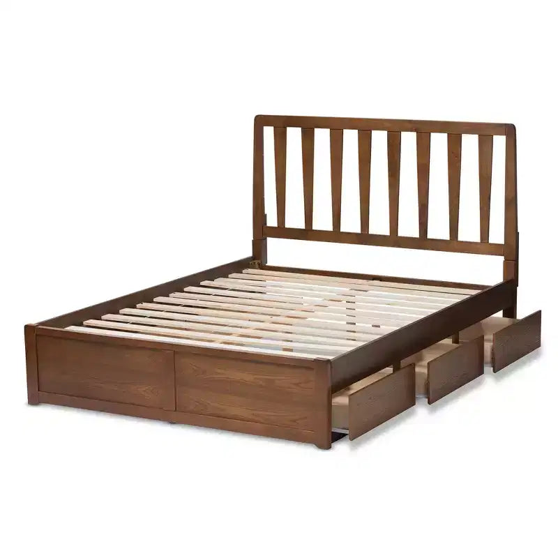 Letto a piattaforma moderno e contemporaneo Queen in noce con contenitore, marrone, legno massello, contenitore sotto il letto, nessun bisogno di rete a molle