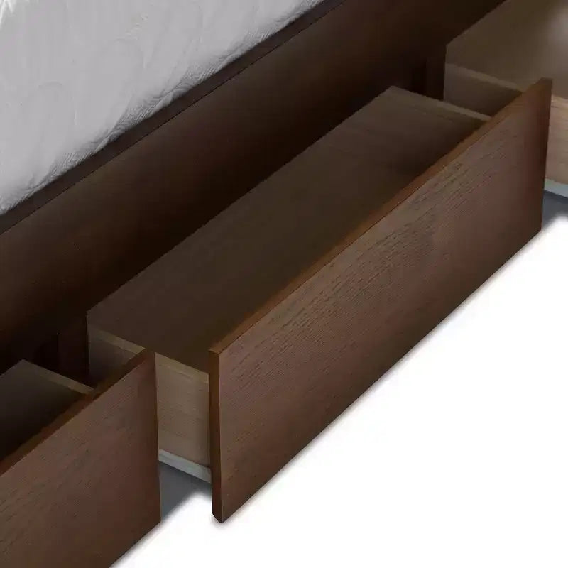 Letto a piattaforma moderno e contemporaneo Queen in noce con contenitore, marrone, legno massello, contenitore sotto il letto, nessun bisogno di rete a molle