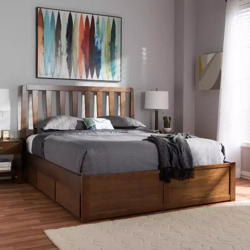 Letto a piattaforma moderno e contemporaneo Queen in noce con contenitore, marrone, legno massello, contenitore sotto il letto, nessun bisogno di rete a molle